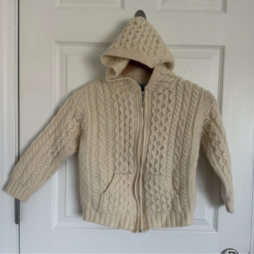 Kids Aran Crafts Merino Wool Cream Cable-Knit Hooded Zip Sweater Size XS 4/5